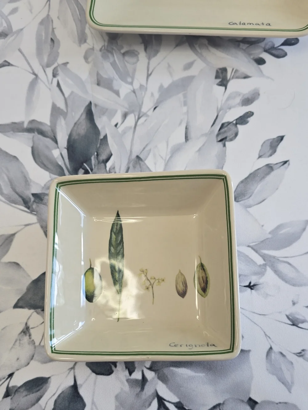Williams Sonoma Set Of 3 Botanical Olive Dessert Plates & Dipping Bowl